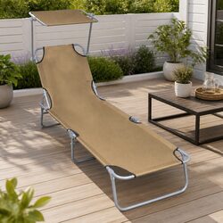 Taupe Folding Sun Lounger with Adjustable Canopy