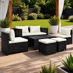 6 Piece Outdoor Lounge Set Specifications: Brown Poly Rattan