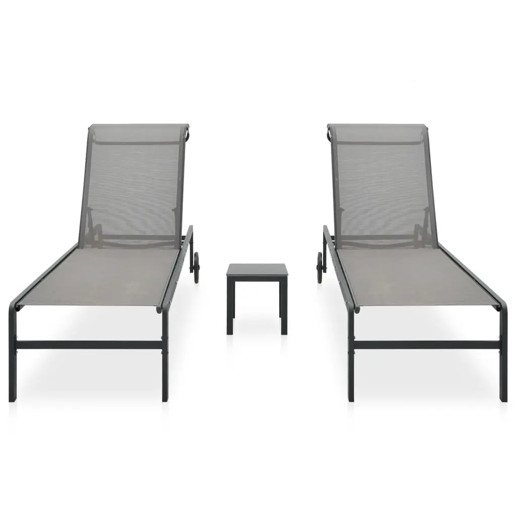 Sun Loungers Set 2 pcs Grey Textilene Outdoor Garden Patio Lounger with Table
