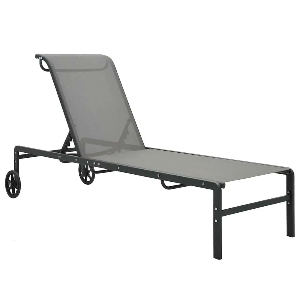 Sun Loungers Set 2 pcs Grey Textilene Outdoor Garden Patio Lounger with Table