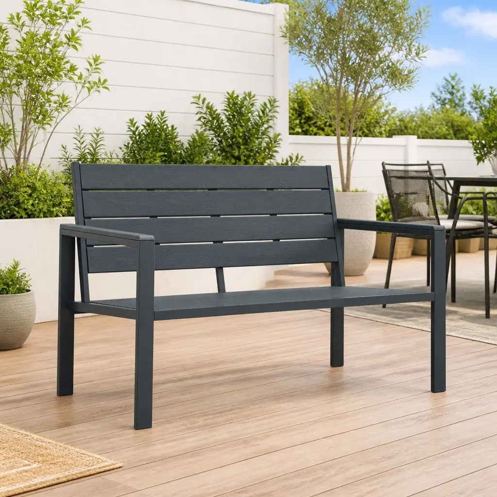 Garden Bench Outdoor 120cm Grey Wood Look Weather Resistant Seating Furniture