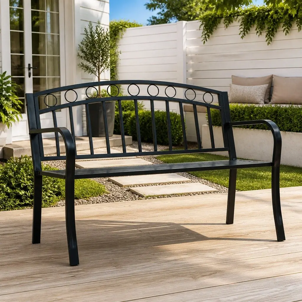 Black Metal Outdoor Seating Garden Bench 125cm with Curved Armrests for Patio
