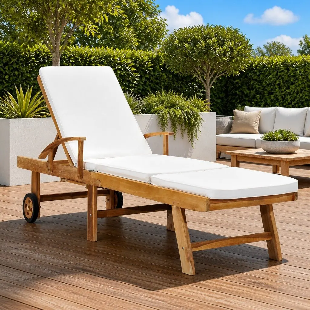 Sun Lounger Outdoor Garden Adjustable Backrest Cream Teak Wood