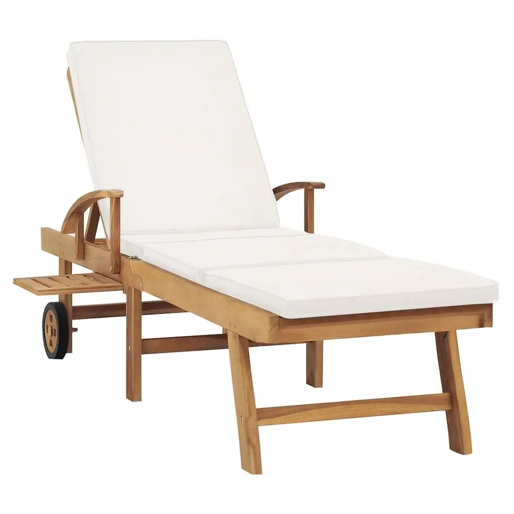 Sun Lounger Outdoor Garden Adjustable Backrest Cream Teak Wood