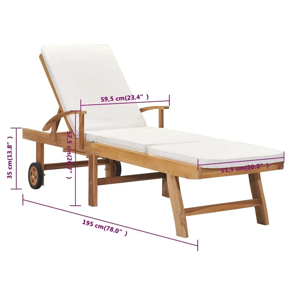 Sun Lounger Outdoor Garden Adjustable Backrest Cream Teak Wood
