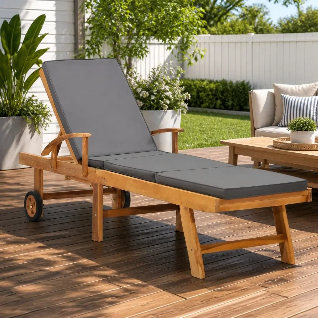 Sun Lounger Outdoor Garden Adjustable Backrest Cushion Teak Wood