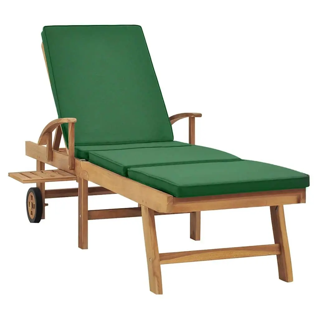 Teak Wood Sun Lounger Outdoor Garden Patio Deck Chair with Cushion Green