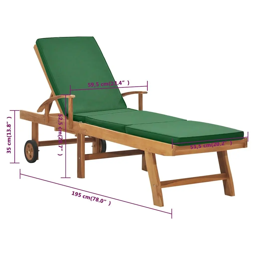 Teak Wood Sun Lounger Outdoor Garden Patio Deck Chair with Cushion Green