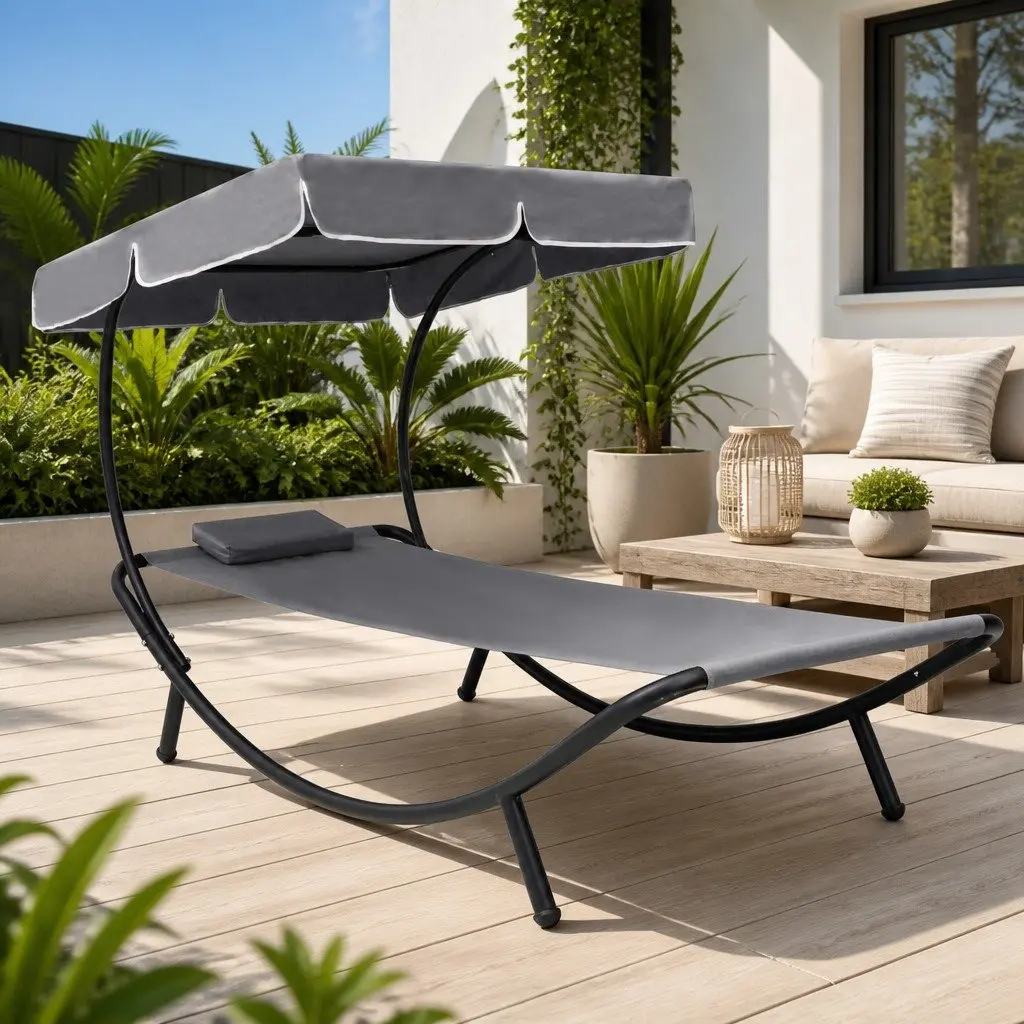 Sun Lounger Bed for Garden Patio Grey with Canopy and Pillow