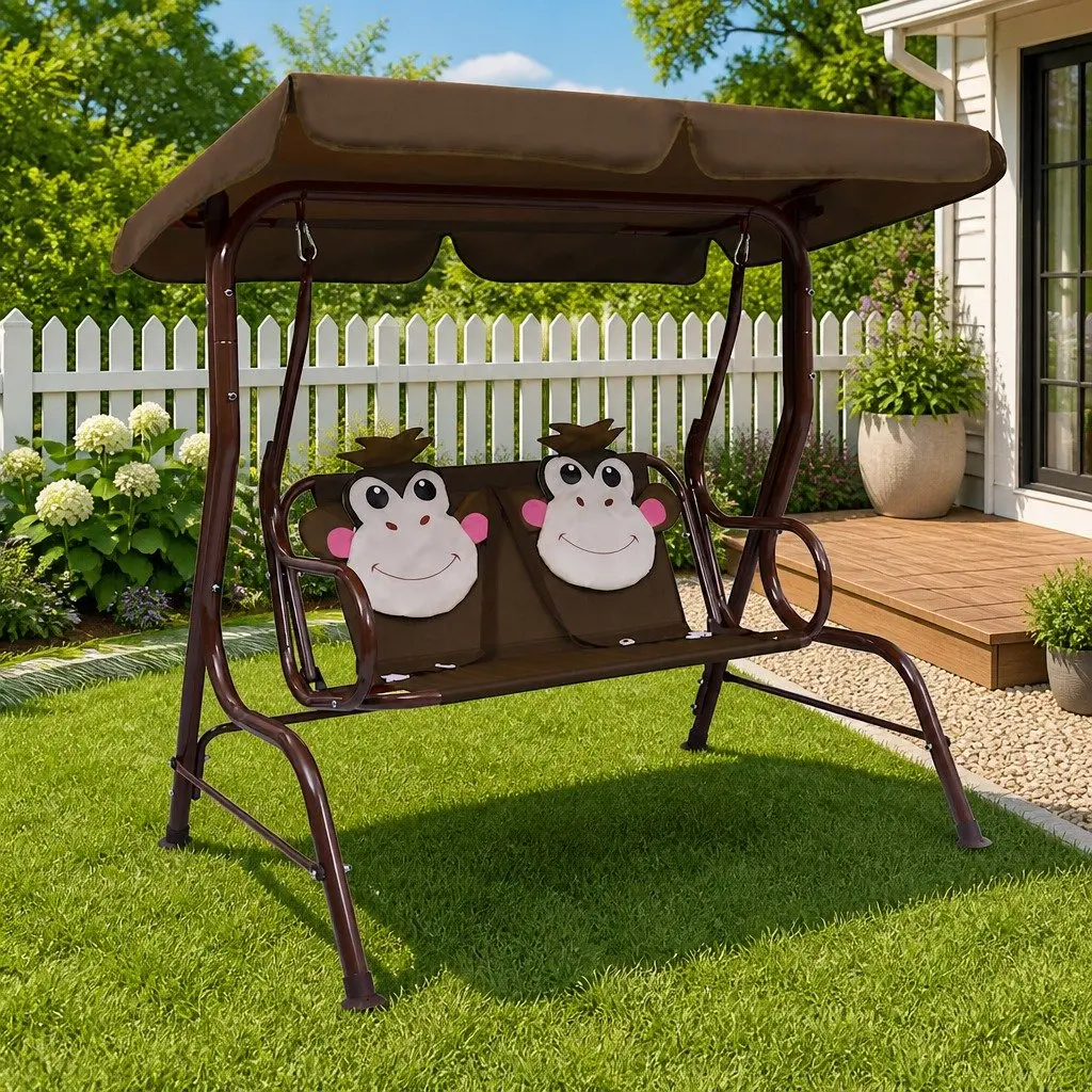 Kids Swing Bench for Garden Patio Outdoor Use with Canopy Shade Brown