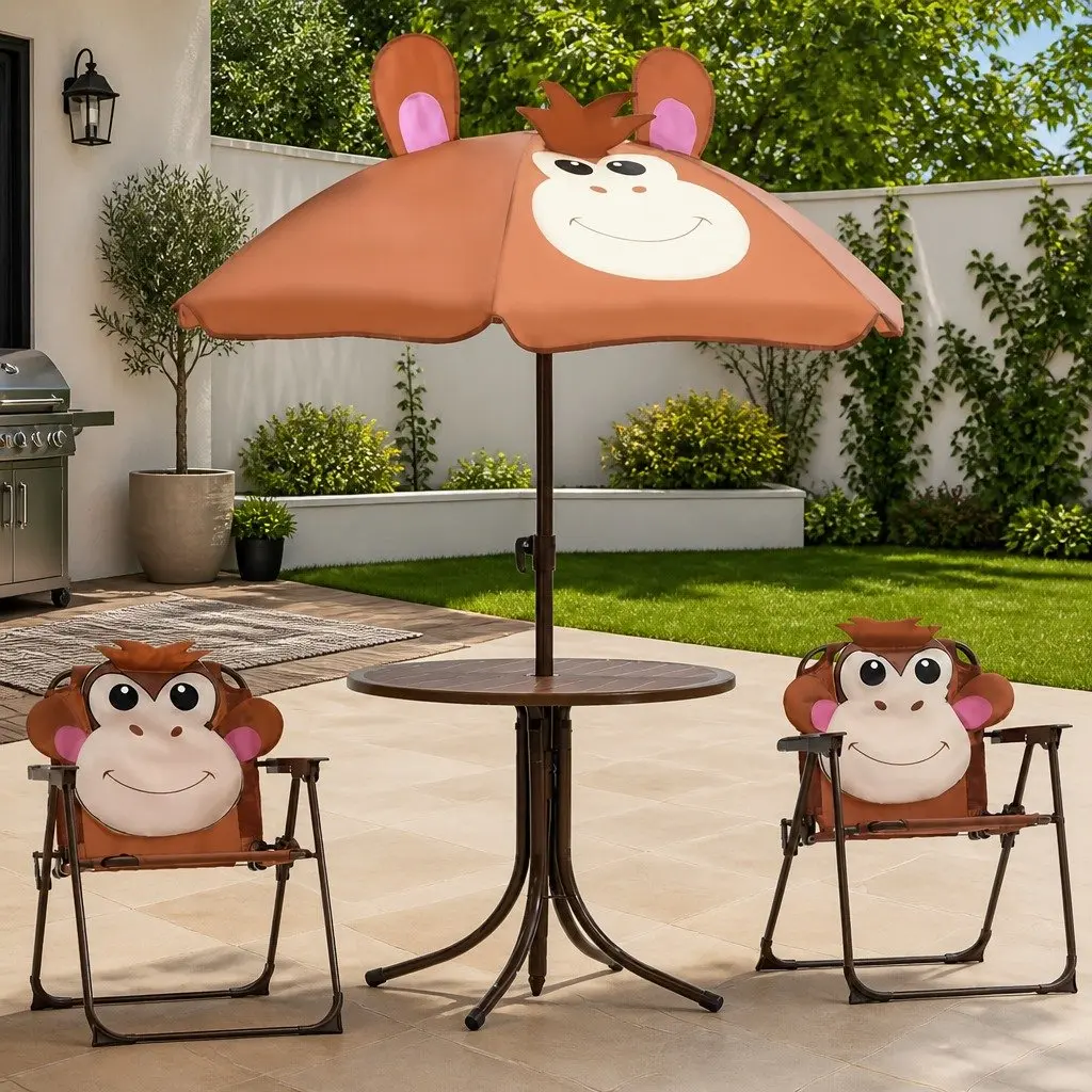 Kids Garden Bistro Set Outdoor Furniture 3 Piece Table Chairs Parasol Brown