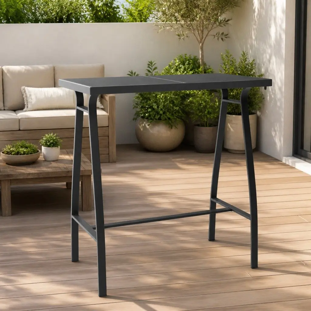 Garden Bar Table Outdoor Patio Furniture Black Steel Frame Tempered Glass Top 110L x 60W x 110H cm