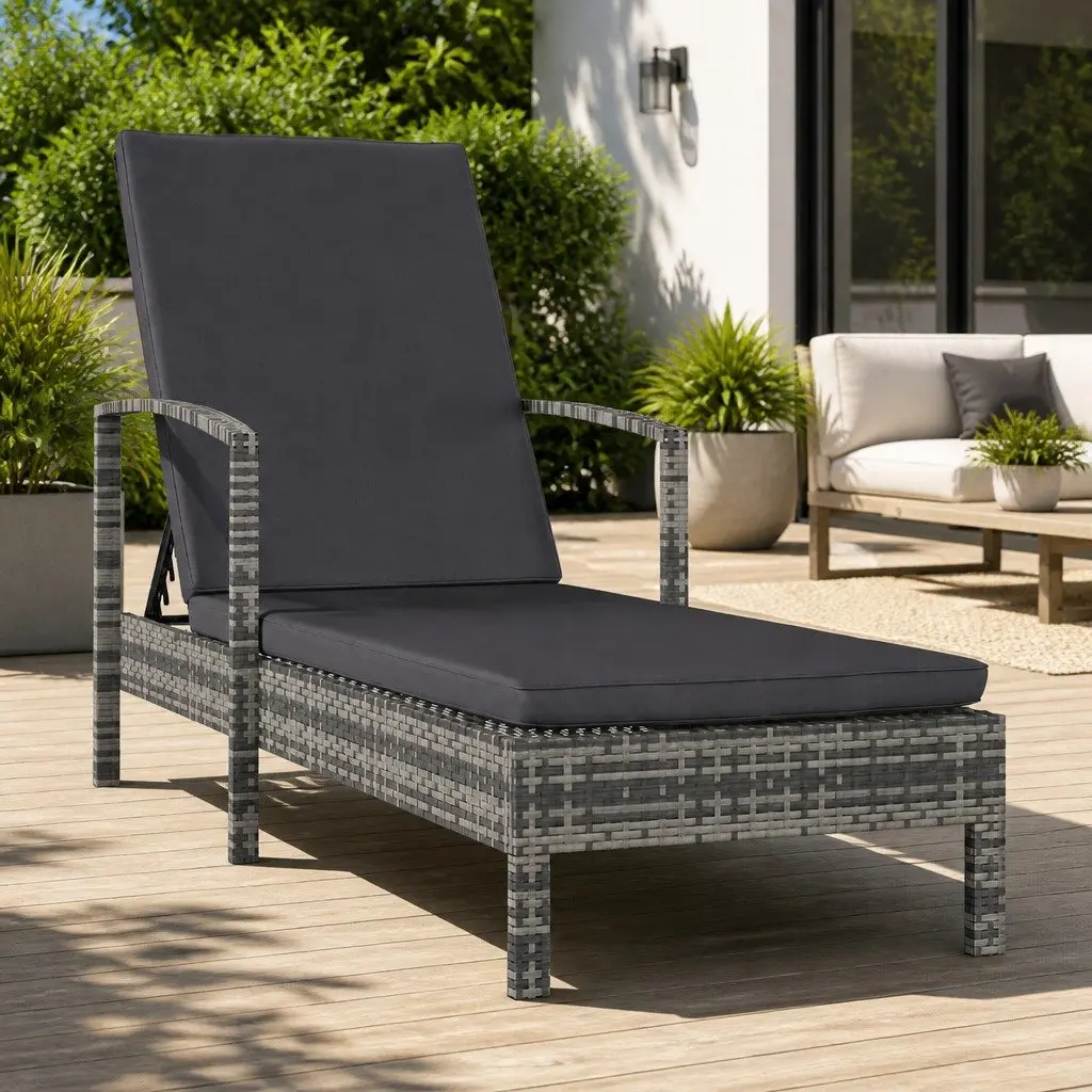 Sun Lounger Outdoor Patio Adjustable Grey Poly Rattan Chair