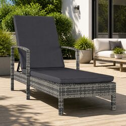 Sun Lounger with Armrests Poly Rattan Grey Outdoor Patio Deck Chair Adjustable