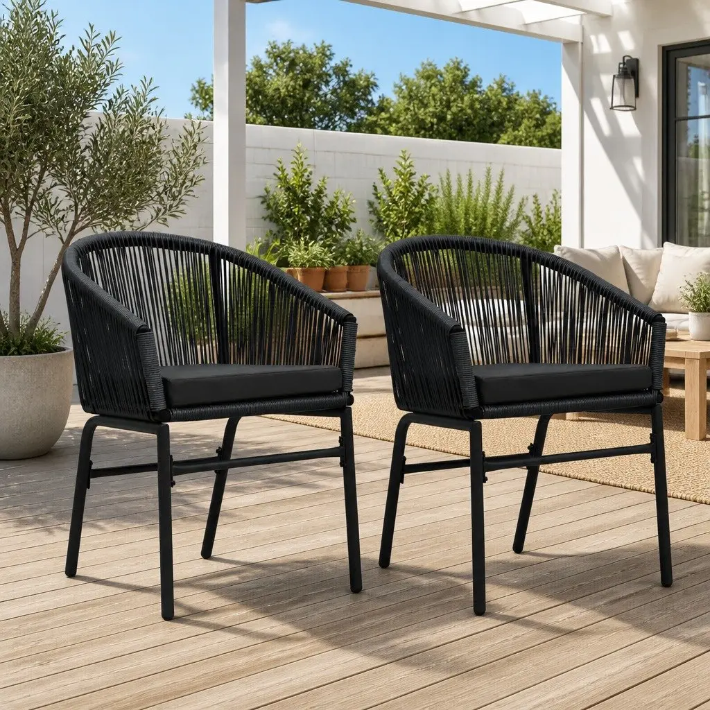 Black Rattan Chairs Set 2 pcs with Cushions Included