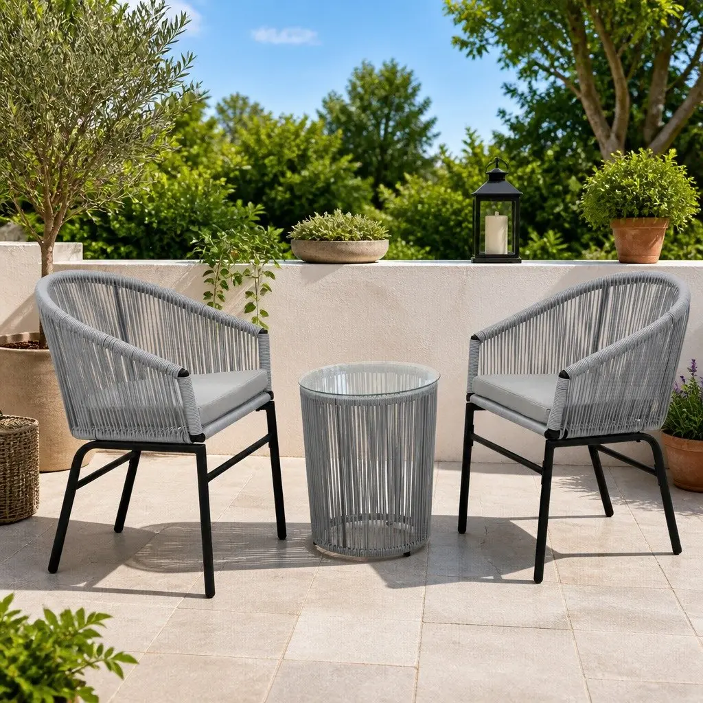 3 Piece Bistro Lounge Set Outdoor Grey PE Rattan Chairs Side Table Cushions