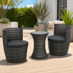 3 Piece Bistro Set: Grey Rattan Table and Chairs
