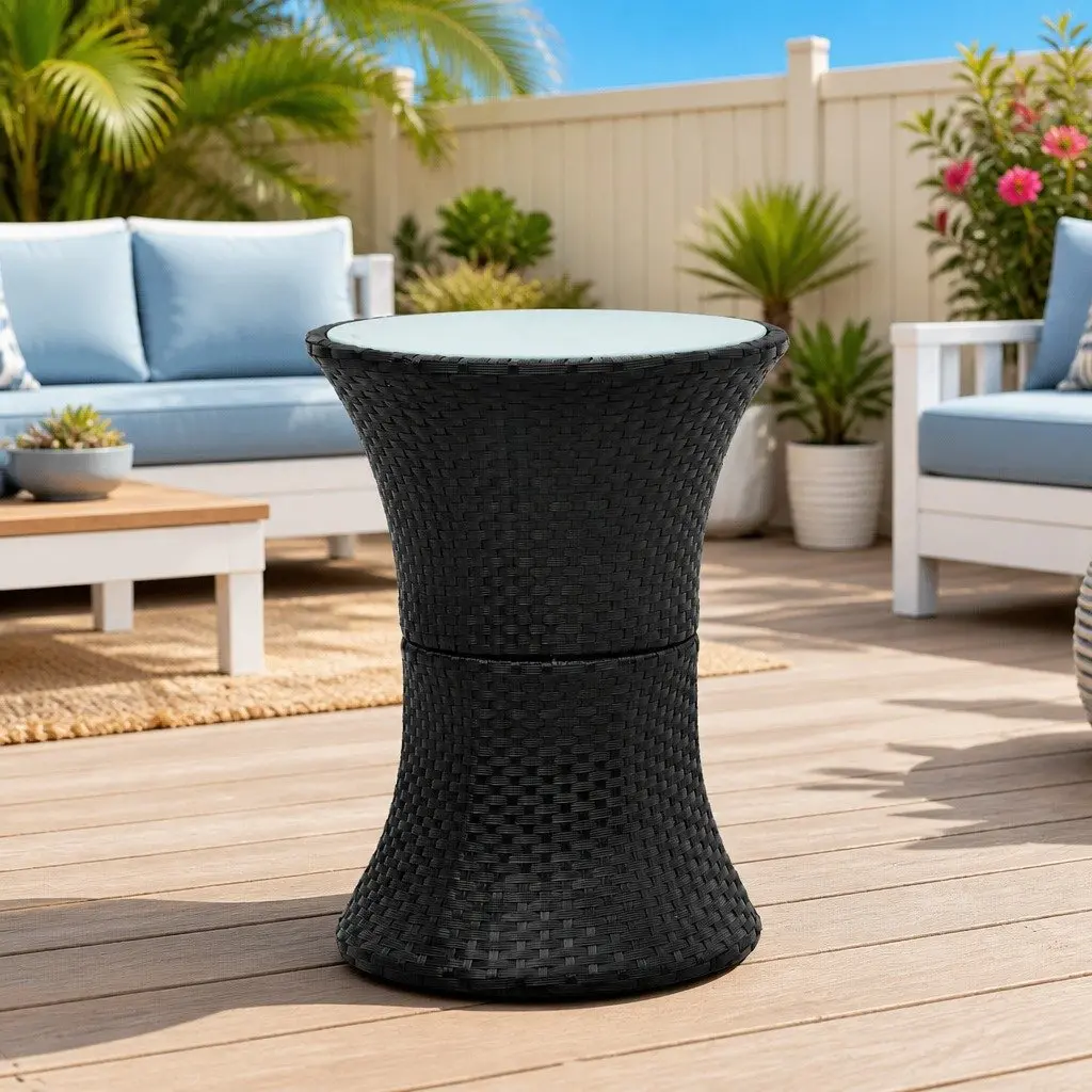 Drum Shape Garden Side Table Outdoor Rattan Black Easy Assembly Leisure