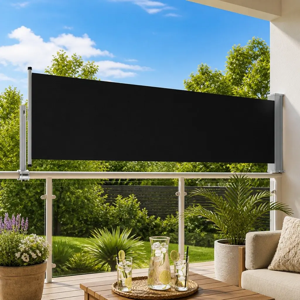 Retractable Side Awning for Patio 80x300cm Black Outdoor Privacy Screen Sunshade