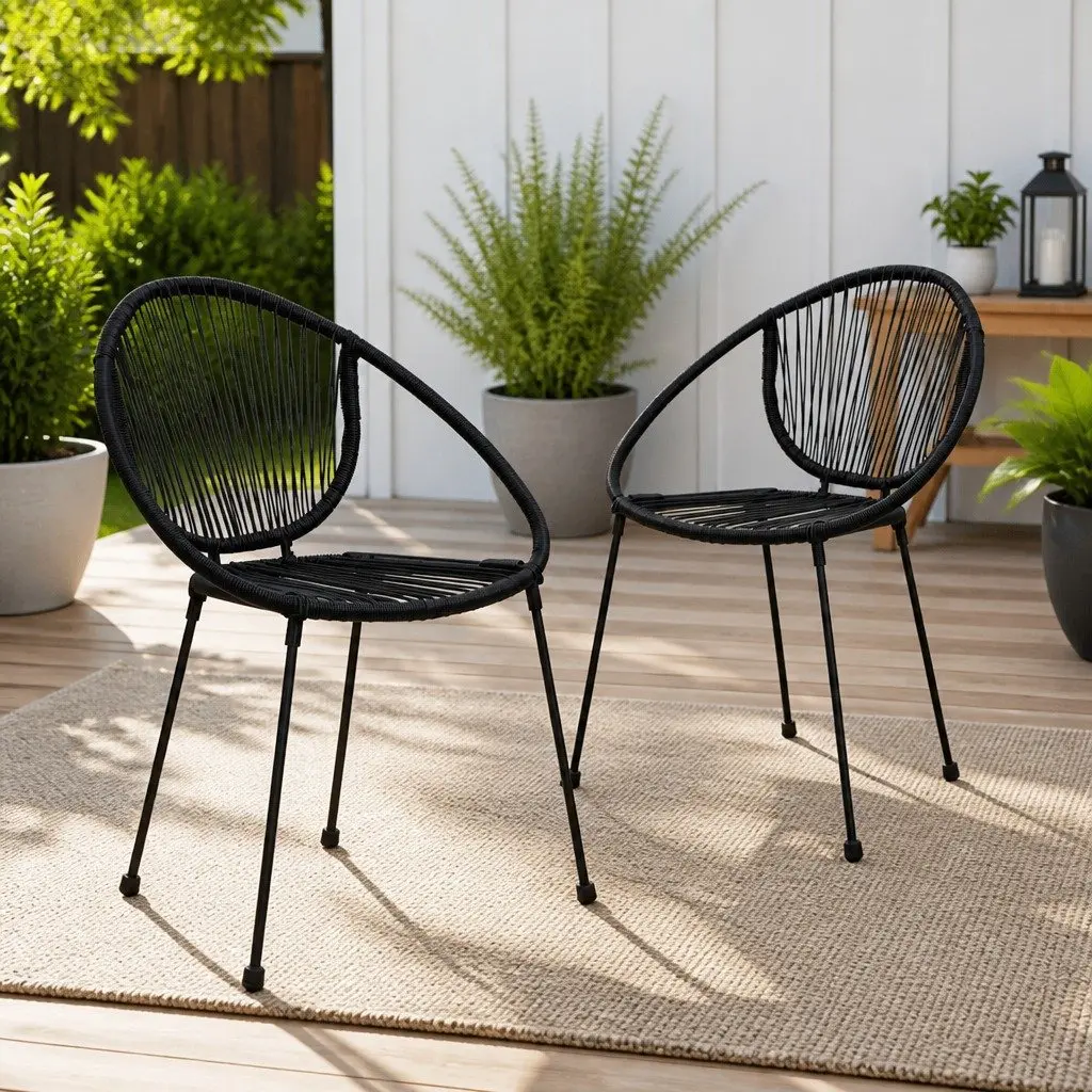 Outdoor Garden Chairs Set 2 Piece Stackable Patio Seating Black Rattan Style