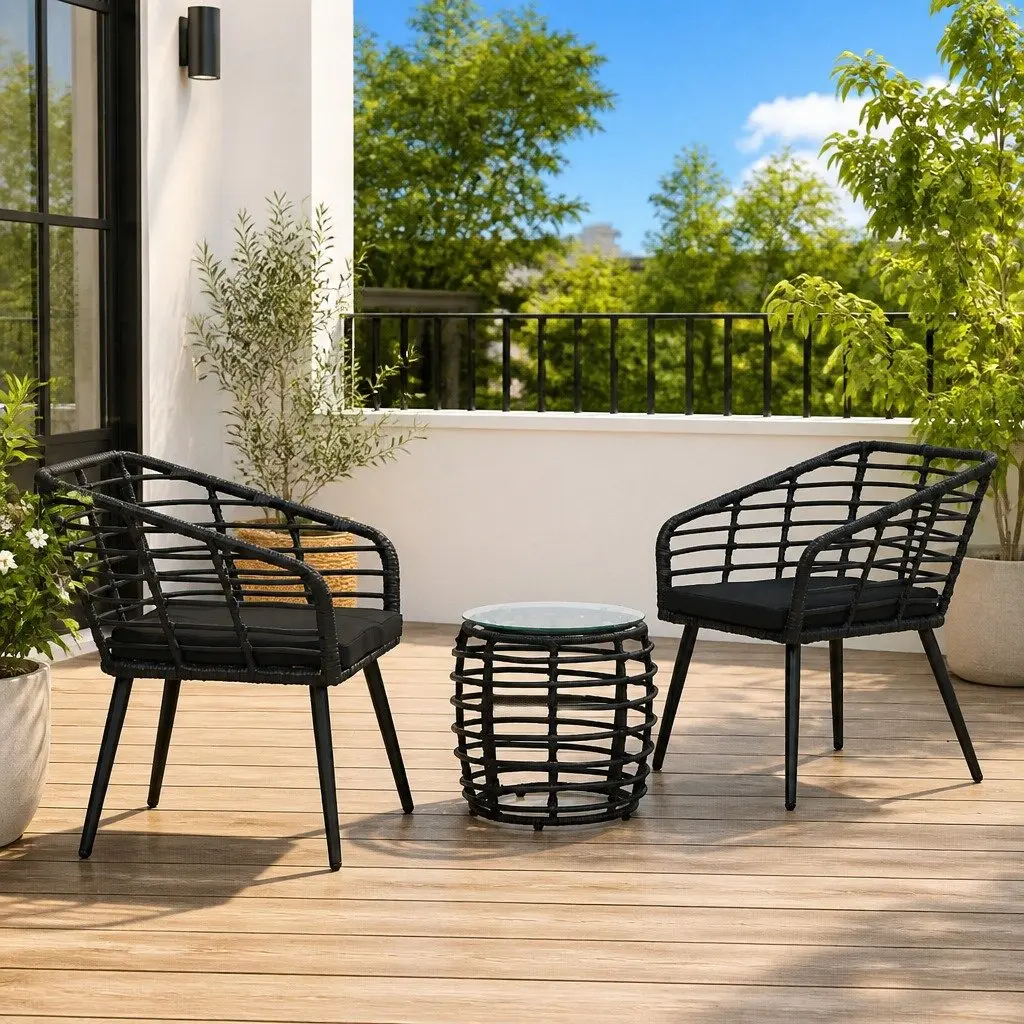 3 Piece Bistro Set Outdoor Patio Garden Furniture Black Poly Rattan Chairs Table