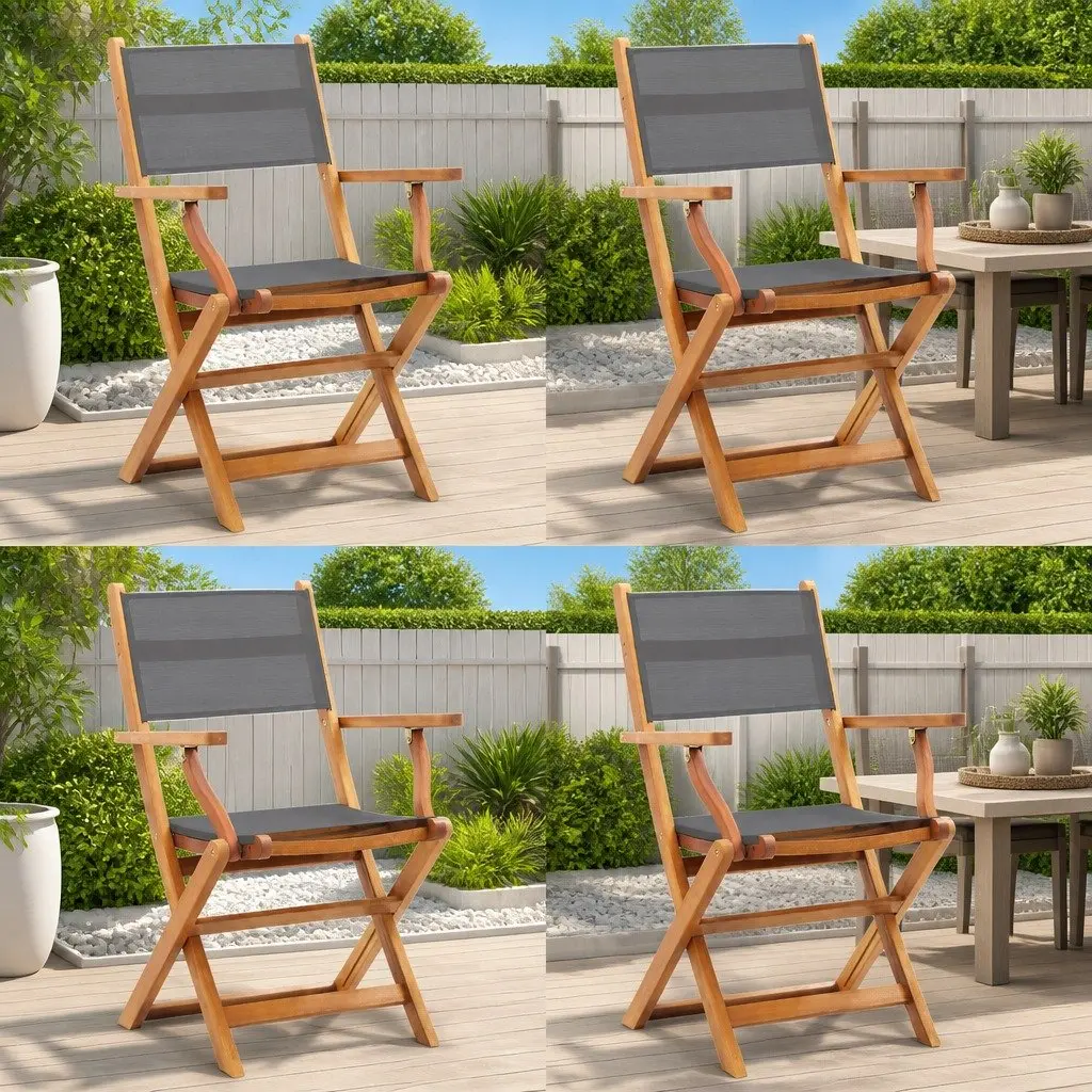 Folding Armchairs Set for Outdoor Garden 4 Piece Grey Eucalyptus Wood Textilene