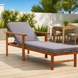 Sun Lounger Grey Poly Rattan Acacia Wood Frame Outdoor Garden Patio Lounging