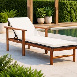 Sun Lounger with Cushion, Acacia Wood Frame, Black