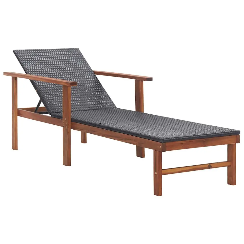 Sun Lounger Outdoor Patio Garden Black Acacia Wood Frame with Cushion