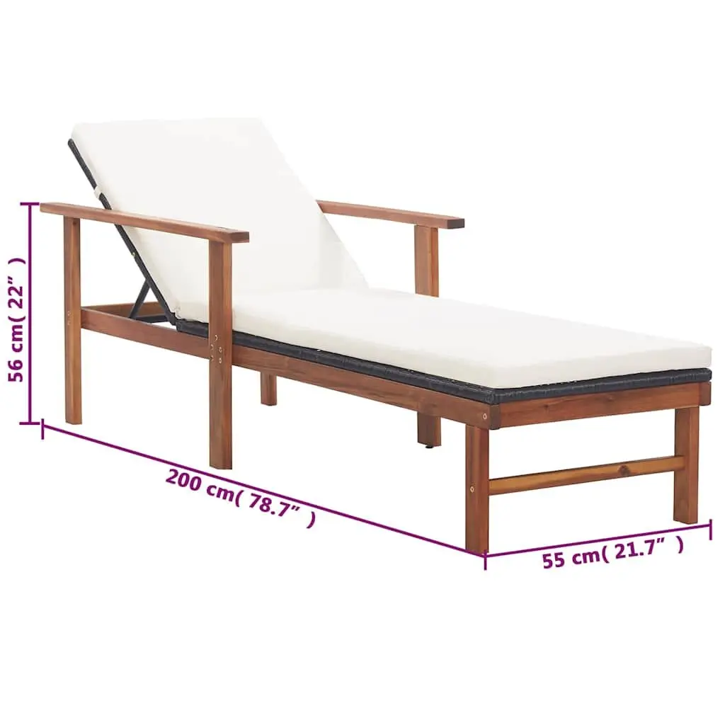 Sun Lounger Outdoor Patio Garden Black Acacia Wood Frame with Cushion
