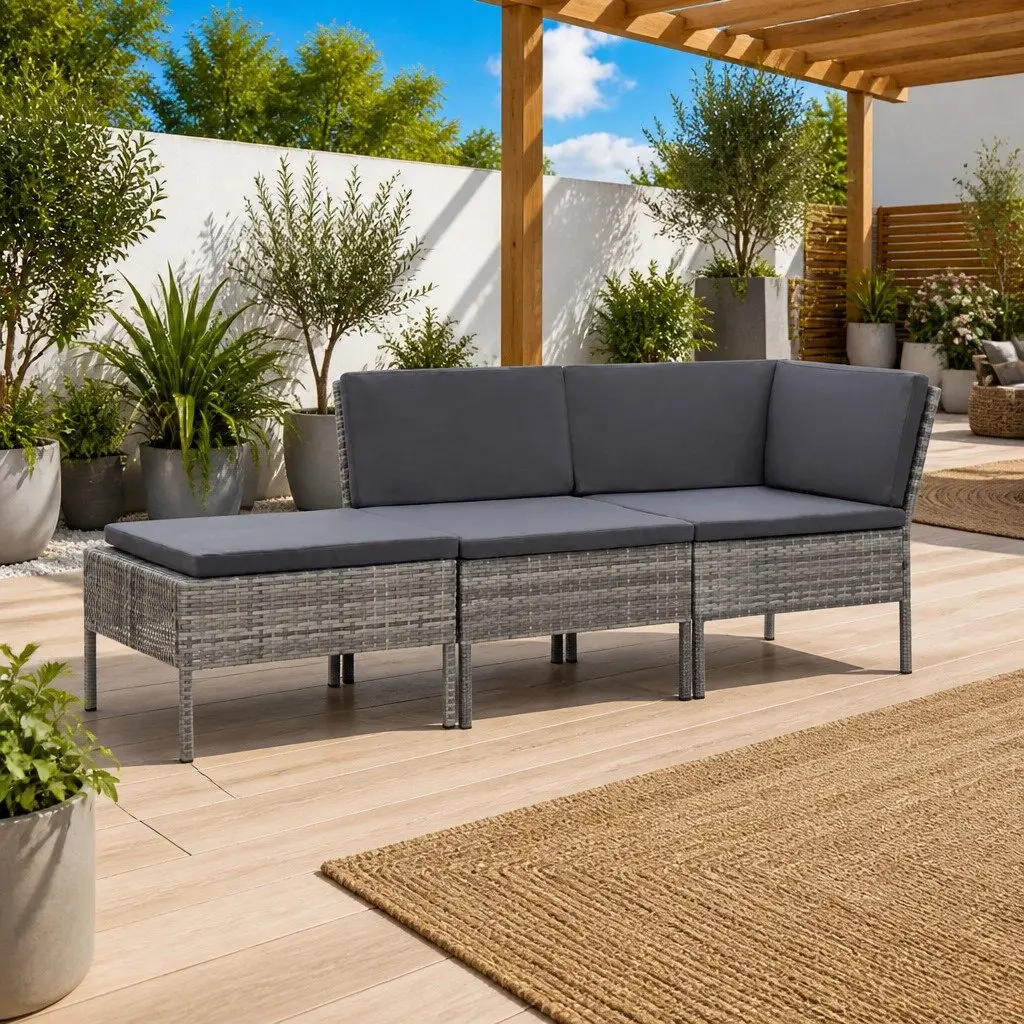 3 Piece Modular Outdoor Sofa Set for Garden with Cushions Grey Rattan