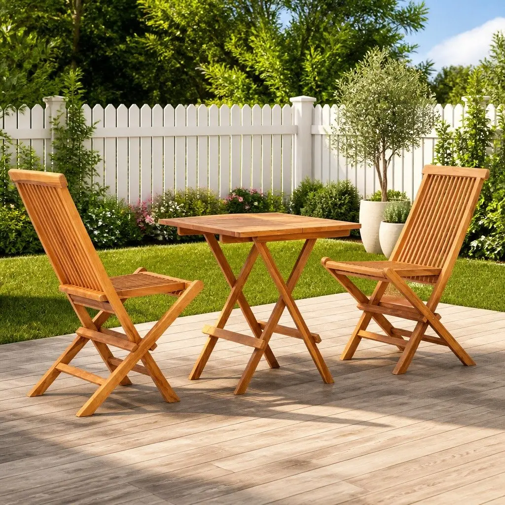 3 Piece Folding Bistro Set Solid Teak Wood Outdoor Garden Patio Furniture