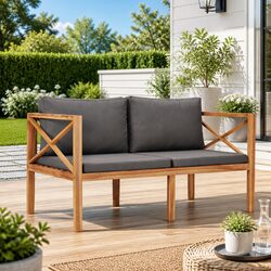 Garden Bench with Grey Cushions: Teak Wood Construction