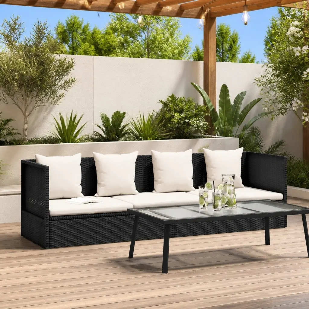 Adjustable Rattan Sun Lounger for Garden and Patio with Thick Cushion and Pillows Black