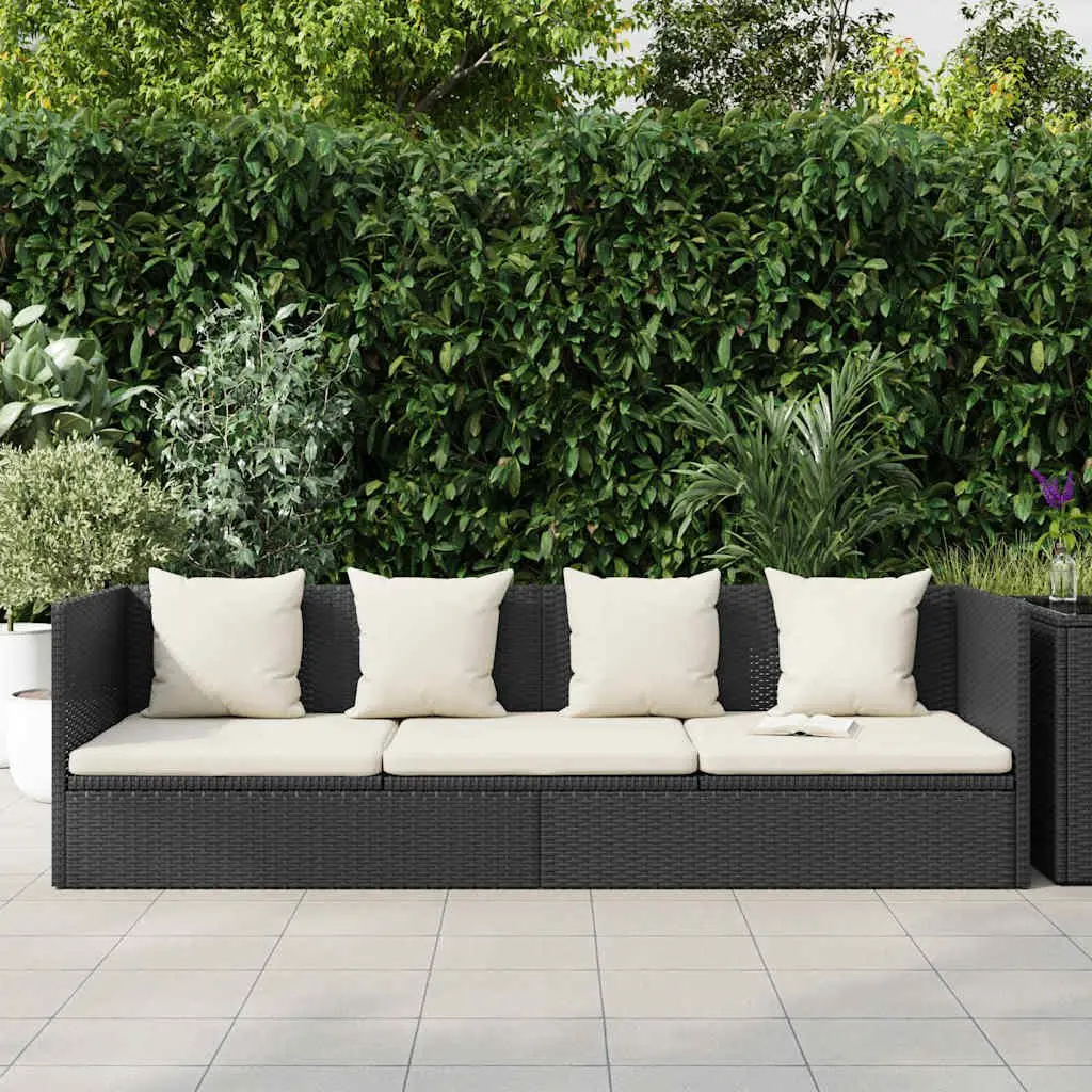 Adjustable Rattan Sun Lounger for Garden and Patio with Thick Cushion and Pillows Black