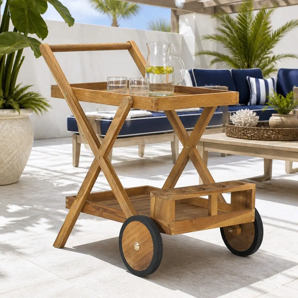 Tea Trolley Kitchen Dining Serving Cart Brown Compact Two Tier with Wine Glass Holder