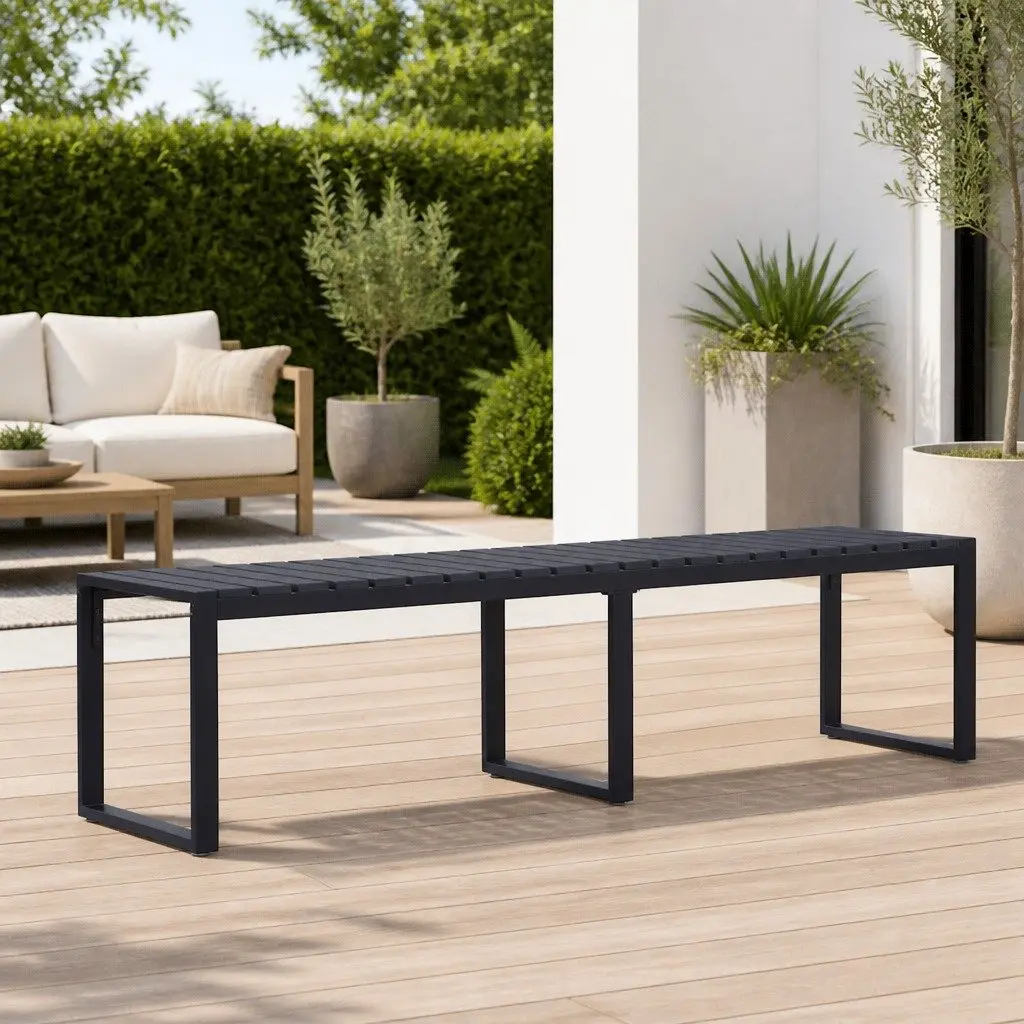 Garden Bench 180cm Black Iron Frame with PS Board Seat