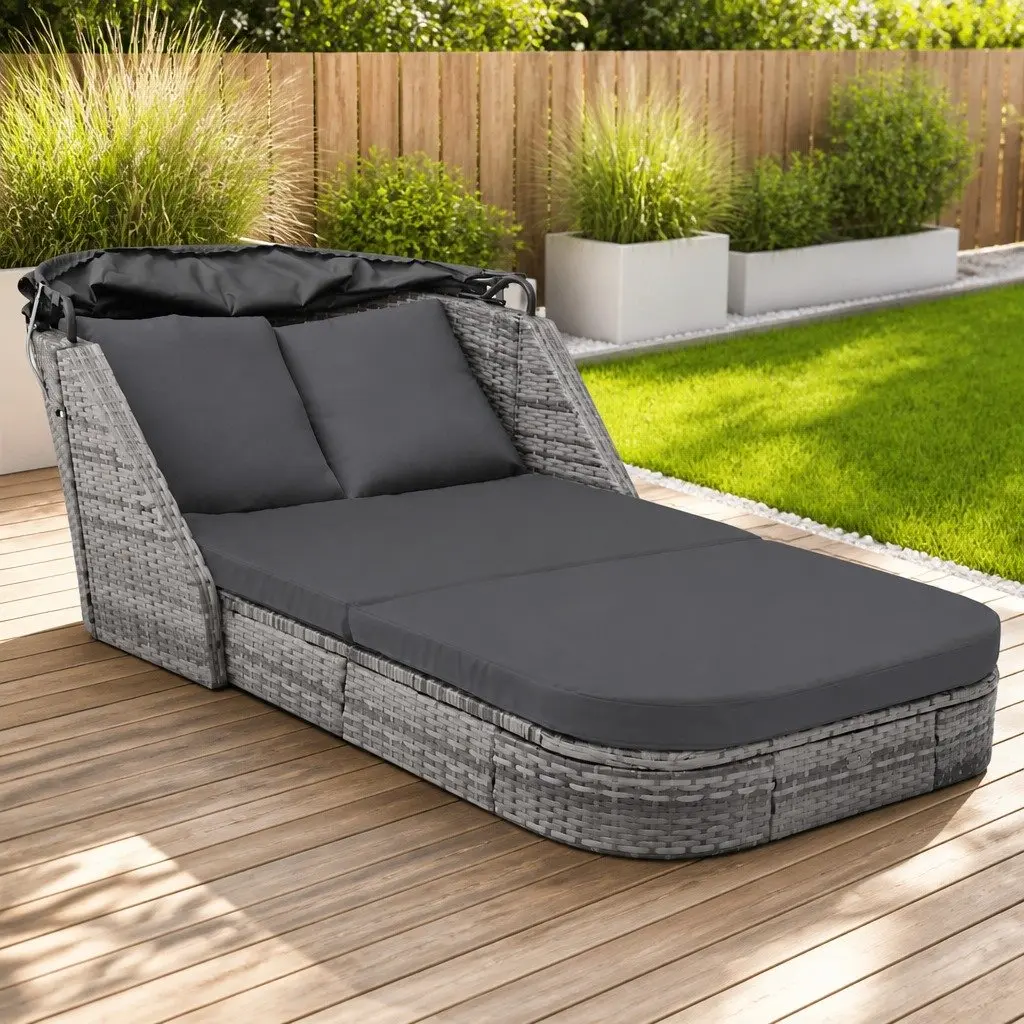 Rattan Sun Lounger with Canopy Outdoor Reclining Chair Anthracite