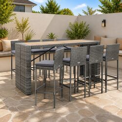 9-Piece Outdoor Bar Set: Acacia Wood Table & Rattan Chairs