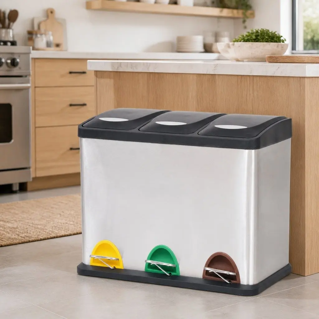 Recycling Pedal Bin Kitchen Rubbish Bin Stainless Steel 24L Waste Sorting 3 Bins