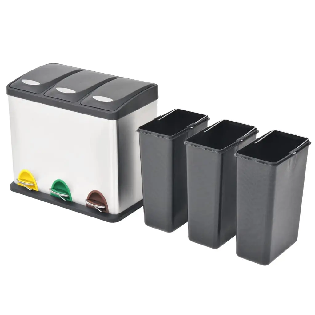 Recycling Pedal Bin Kitchen Rubbish Bin Stainless Steel 24L Waste Sorting 3 Bins