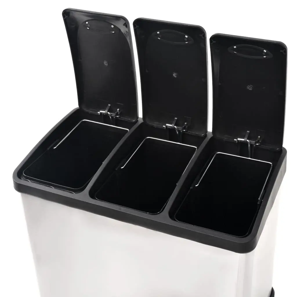 Recycling Pedal Bin Kitchen Rubbish Bin Stainless Steel 24L Waste Sorting 3 Bins