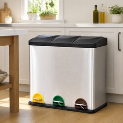Recycling Pedal Bin Soft-Close Lids 3 Compartments Waste Sorting Kitchen Home