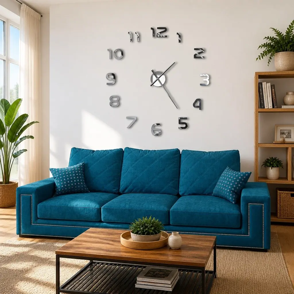 3D Wall Clock Modern Room Decor XXL 100cm Silver