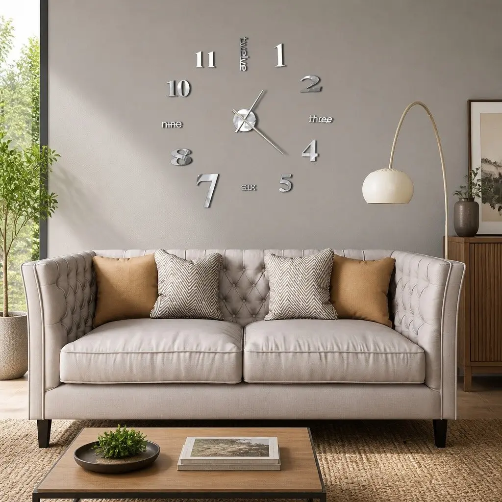 3D Wall Clock Home Décor Extra Large Silver DIY Adjustable Size