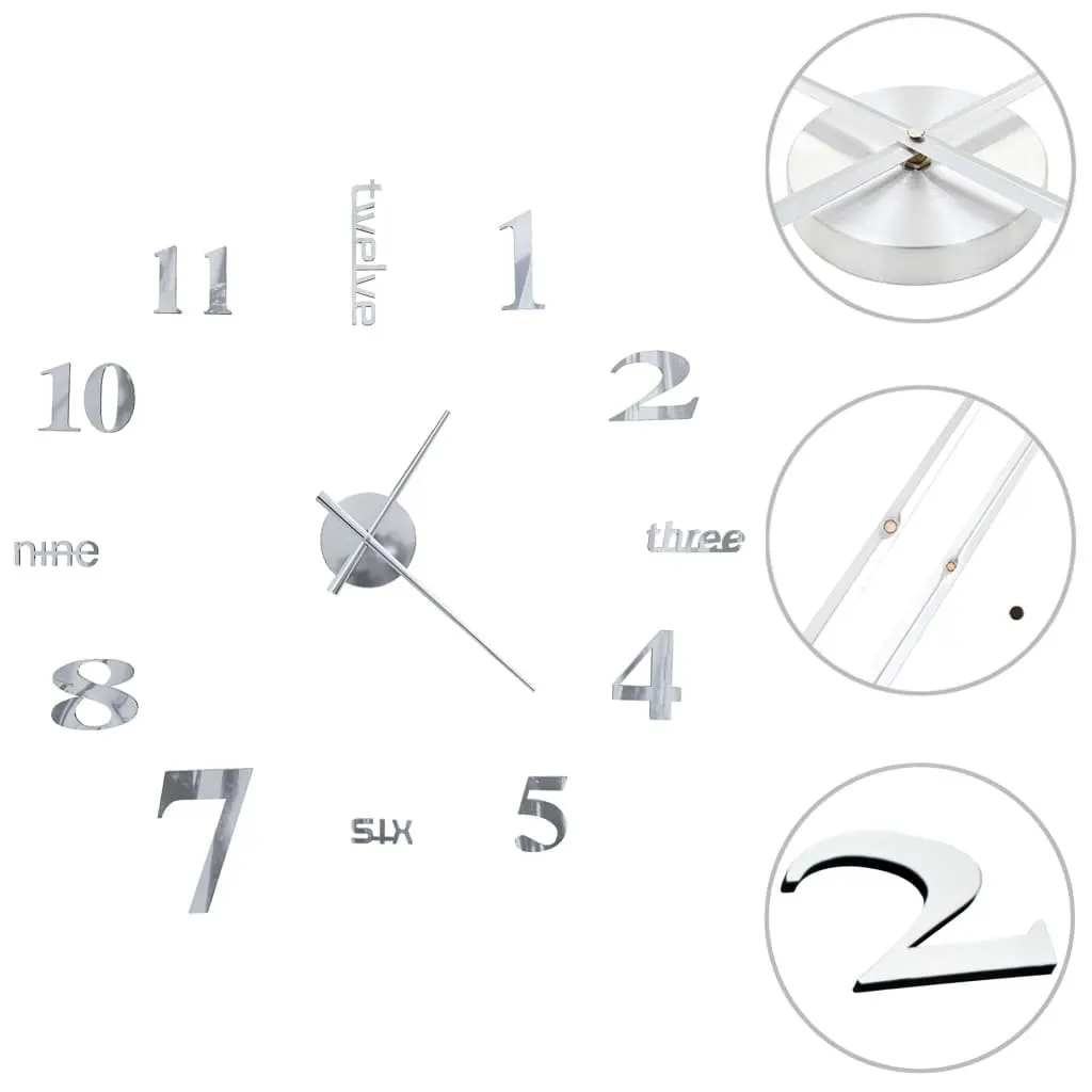 3D Wall Clock Home Décor Extra Large Silver DIY Adjustable Size