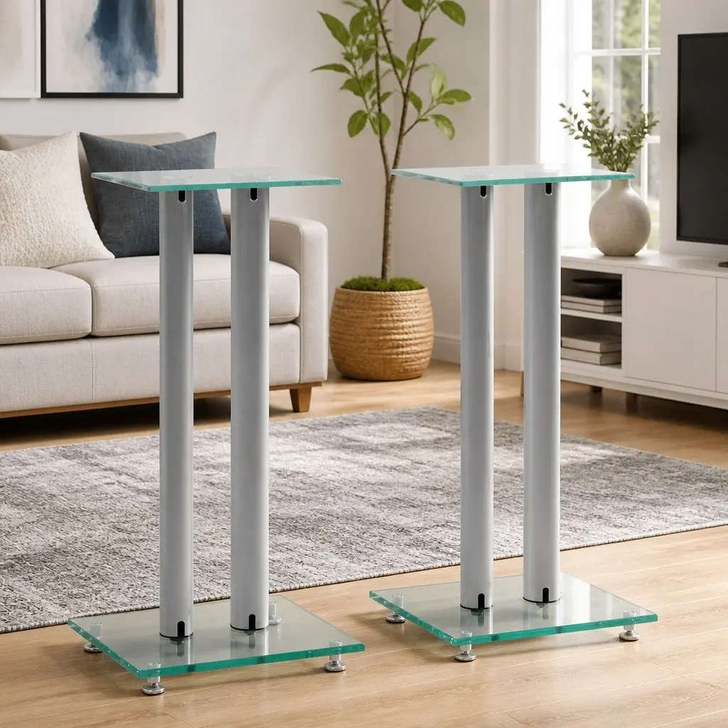 Silver Glass Pillar Speaker Stands