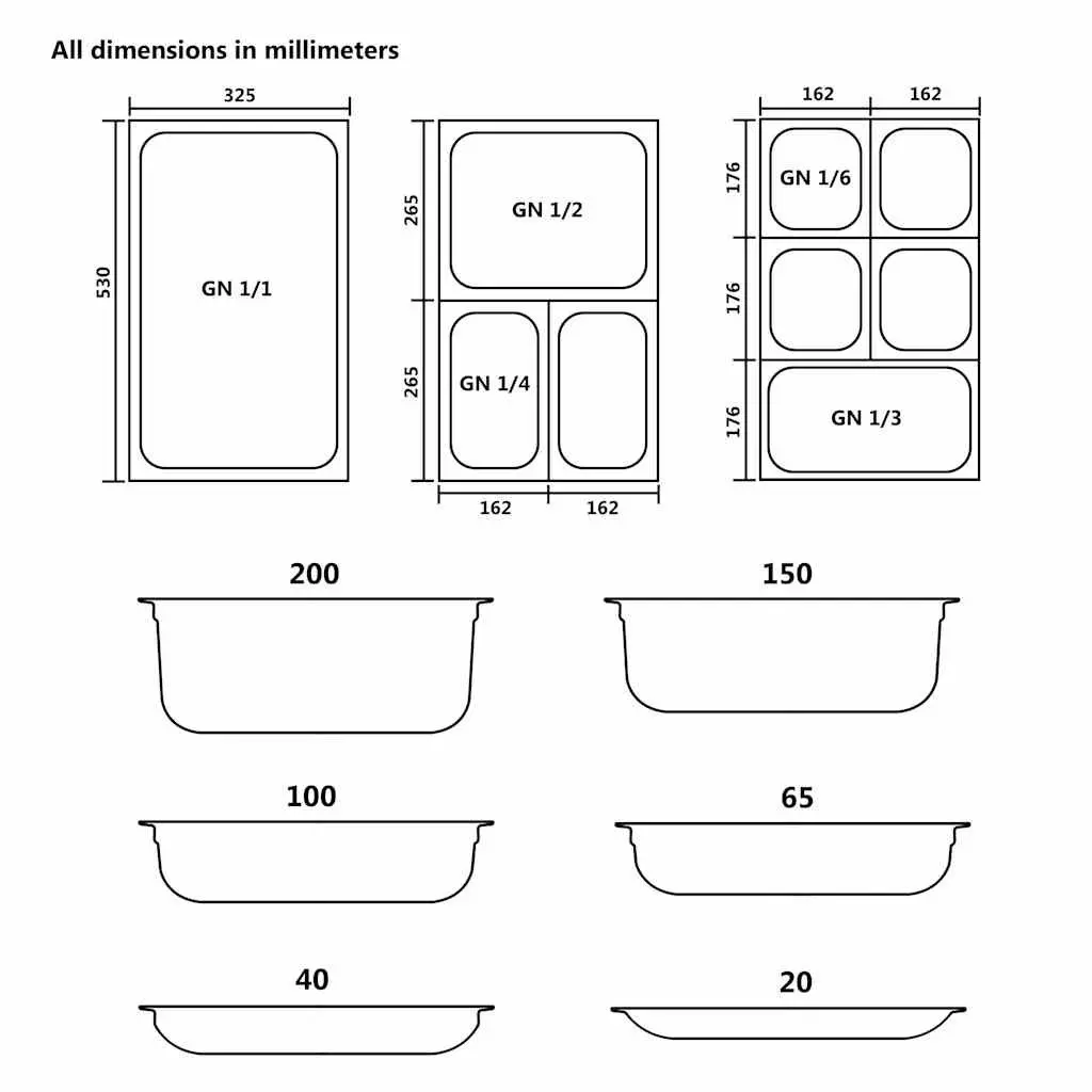 Gastronorm Containers Kitchen GN 1/1 20 mm 4 Piece Steam Table Pans