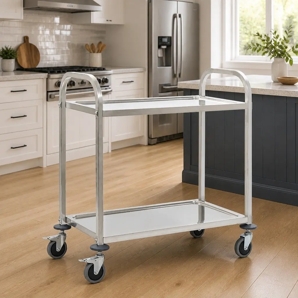 2-Tier Kitchen Trolley for Food Service and Storage Stainless Steel 96.5 x 55 x 90 cm