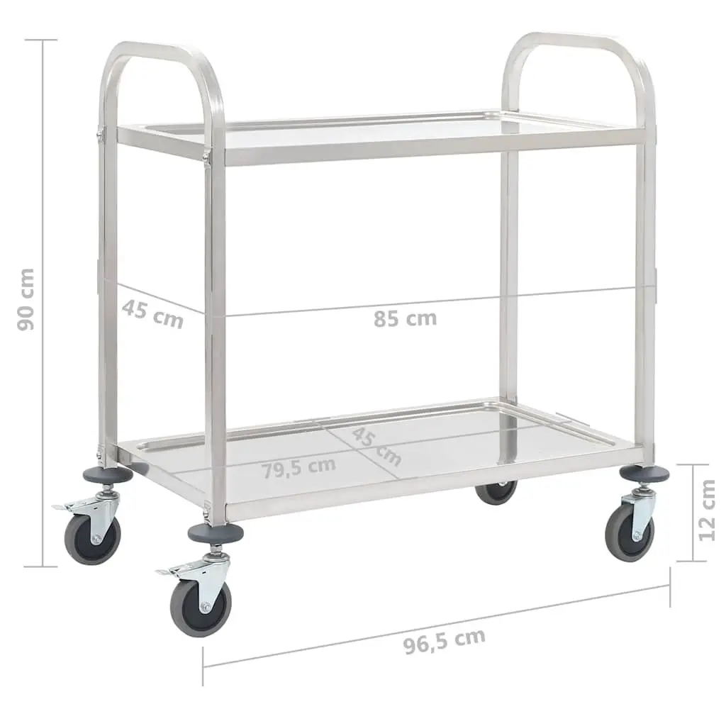 2-Tier Kitchen Trolley for Food Service and Storage Stainless Steel 96.5 x 55 x 90 cm